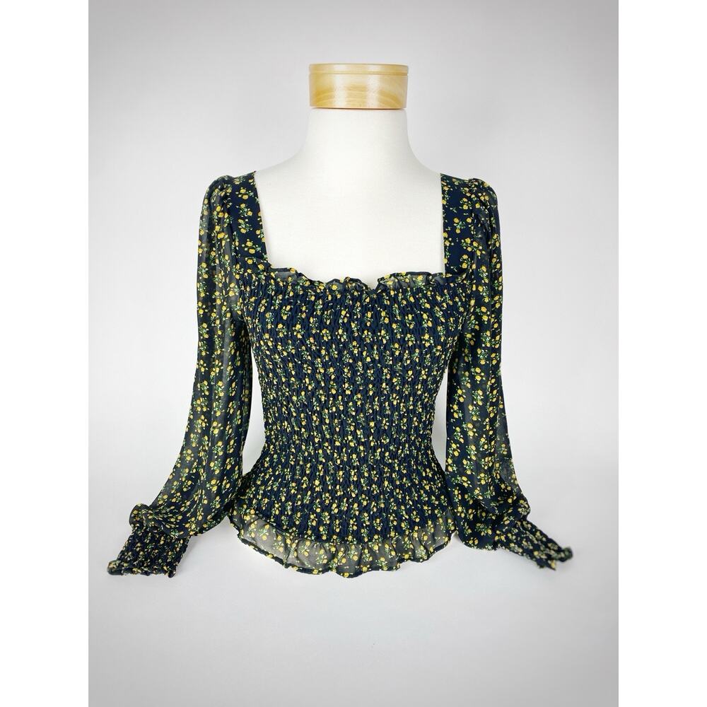 Fab' Rik Women's Smocked Floral Black Top Square Neck Cottagecore Boho Sz S
